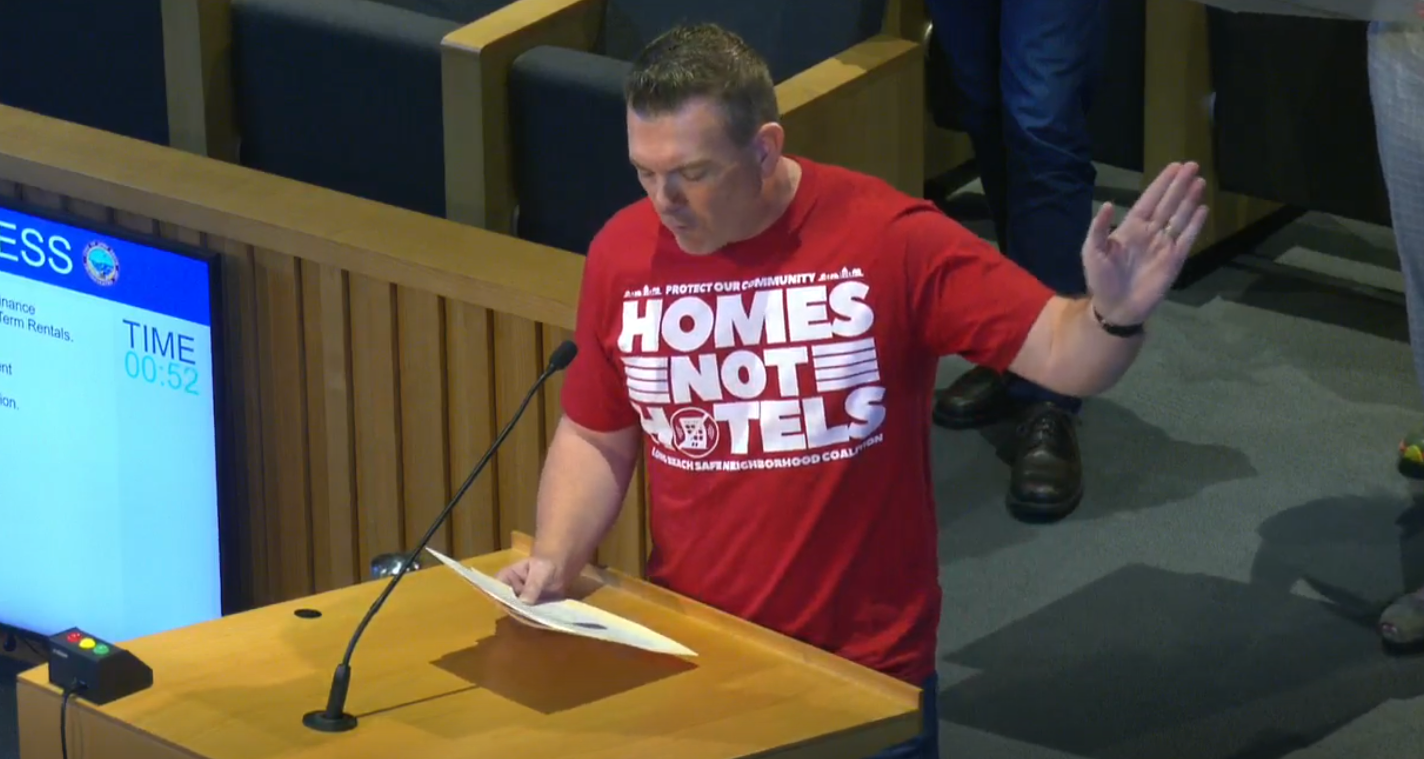 Andy Oliver speaks before the Long Beach City Council regarding short-term rentals