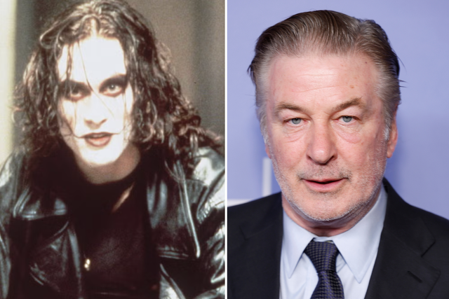 <p>Brandon Lee in ‘The Crow’ and Alec Baldwin</p>