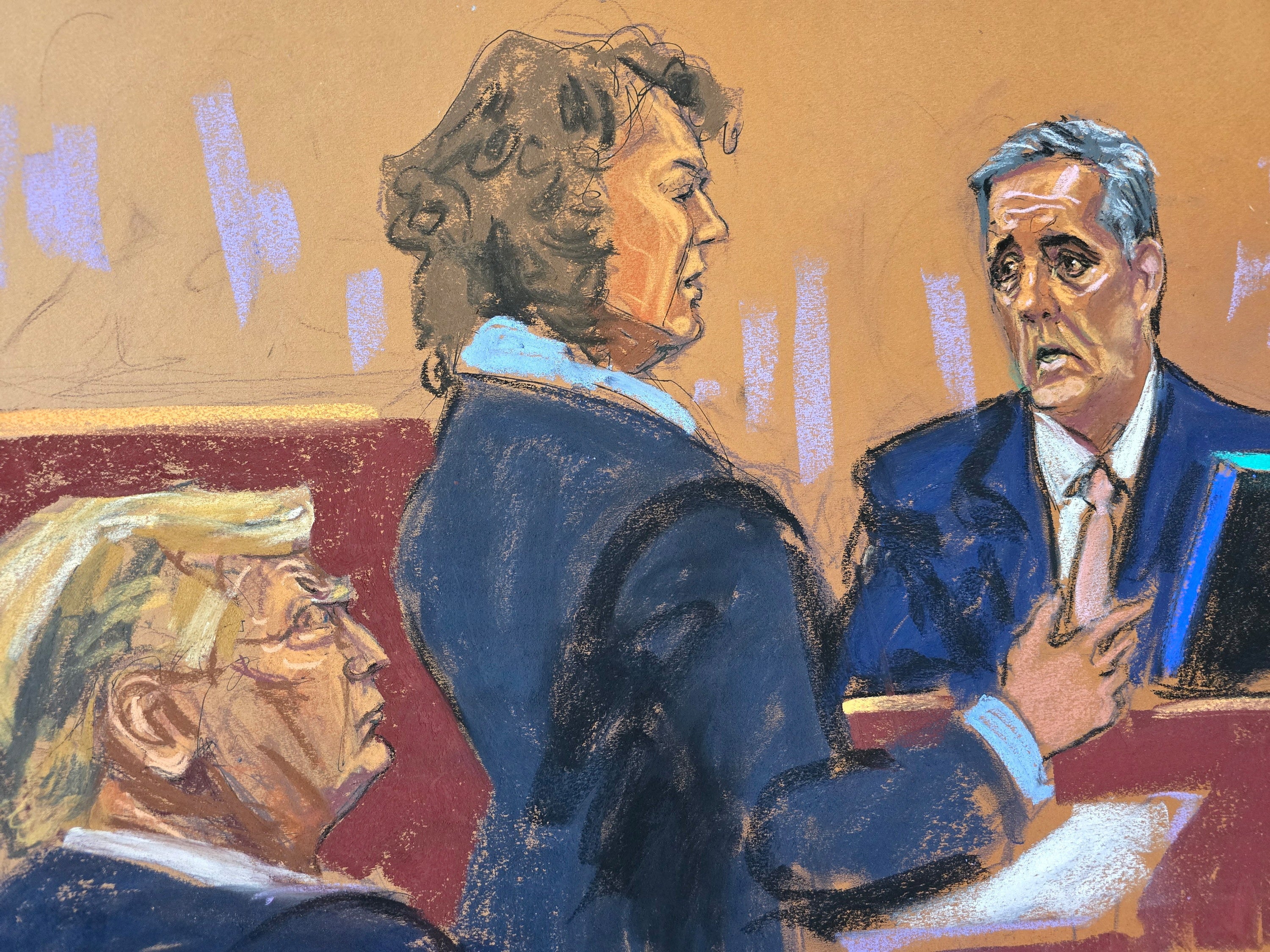 A courtroom sketch depicts Assistant District Attorney Susan Hoffinger questions Michael Cohen as Donald Trump watches at his hush money trial in Manhattan on 13 May.