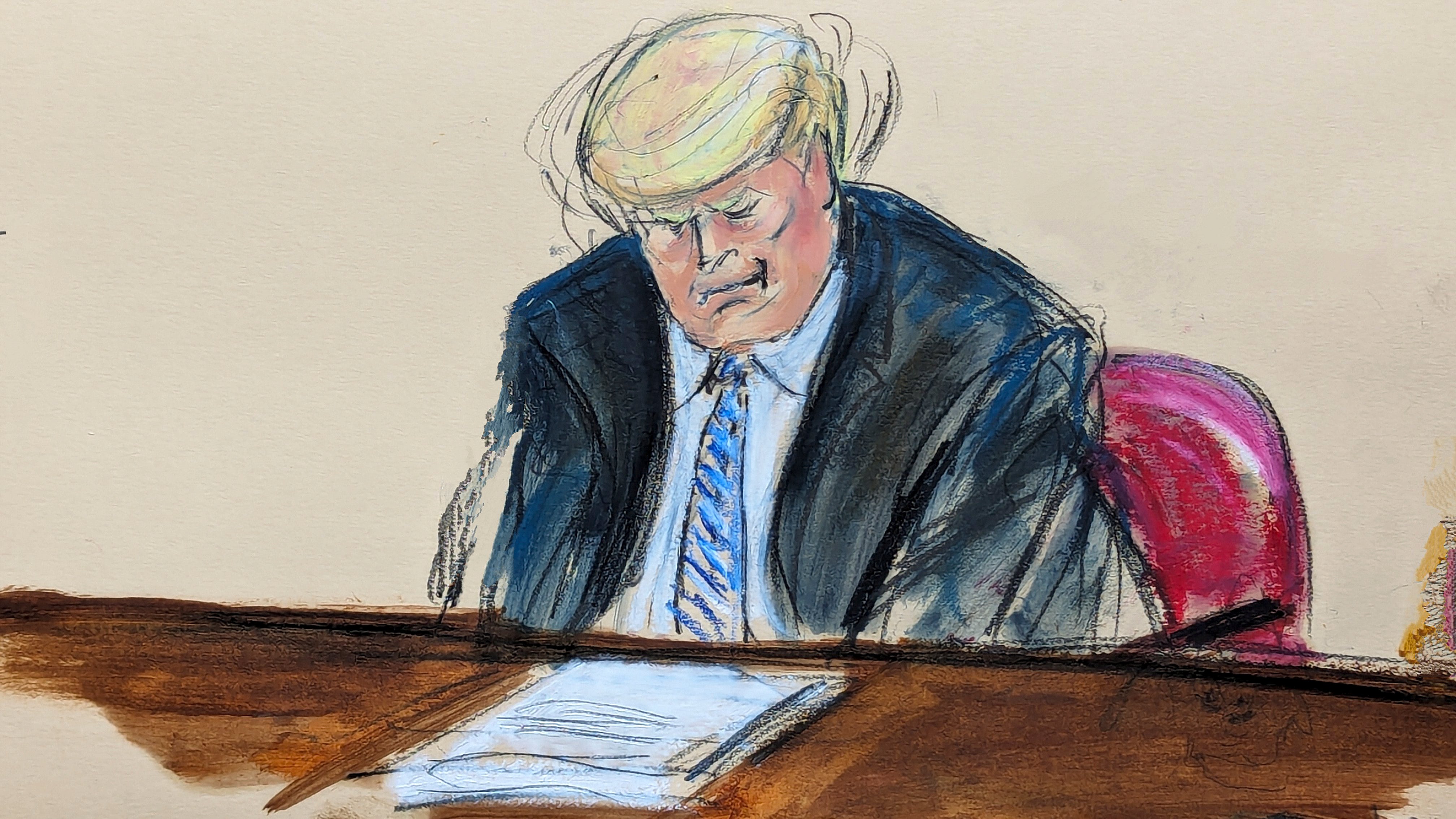 A courtroom sketch depicts Donald Trump shaking his head during Michael Cohen’s testimony in his hush money trial on 13 May.