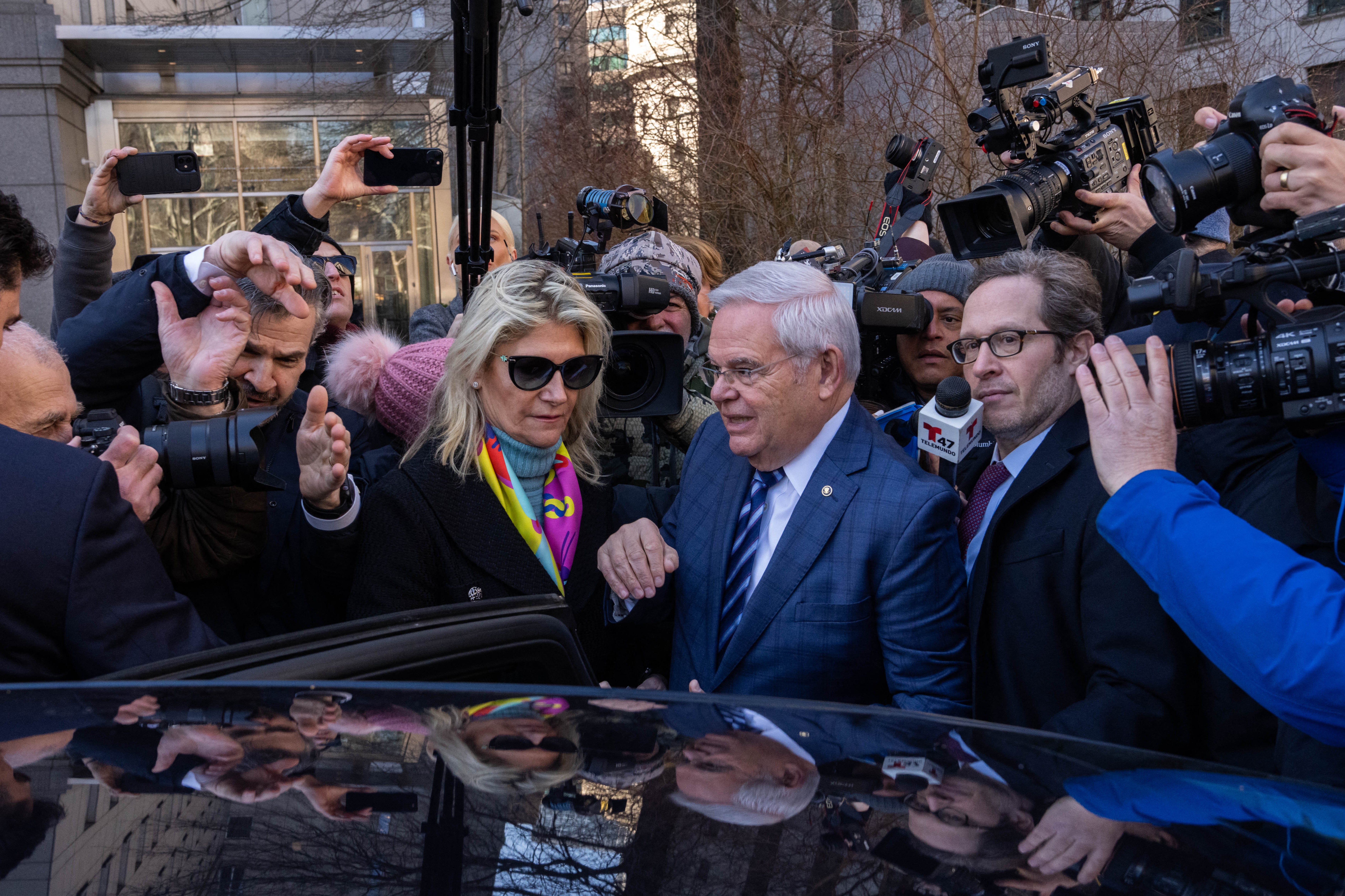 US Senator Bob Menendez leaves with his wife Nadine Menendez the Manhattan Federal Court, in New York City following his arraignment on 11 March 2024