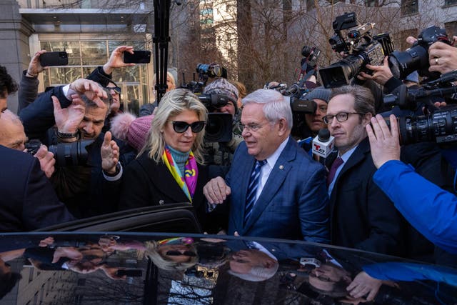<p>US Senator Bob Menendez leaves with his wife Nadine Menendez the Manhattan Federal Court, in New York City following his arraignment on 11 March 2024</p>