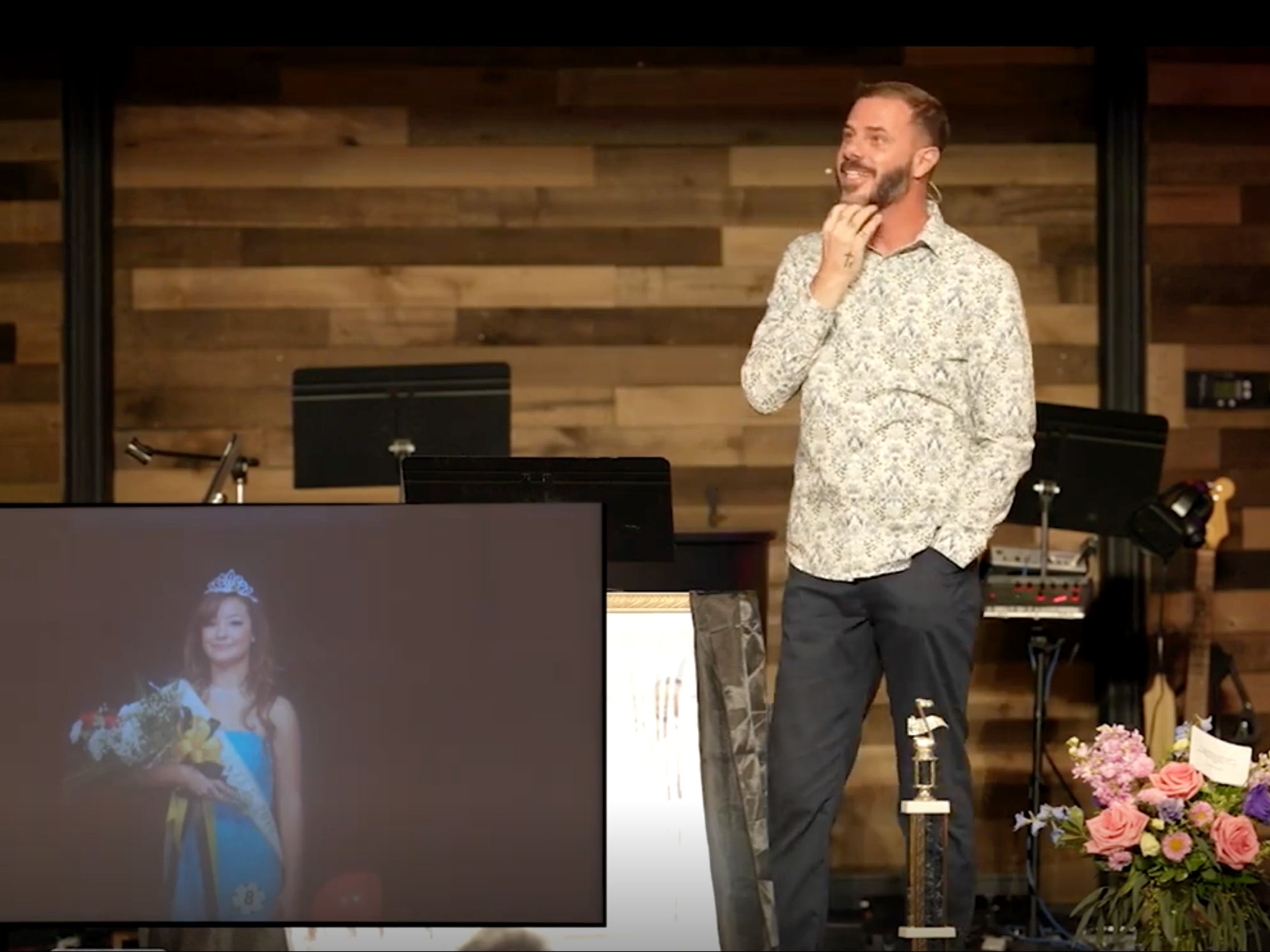 South Carolina pastor John-Paul Miller tells his congregation at Solid Rock Church in Myrtle Beach that he tried to raise his deceased wife Mica Miller ‘from the dead’. Mica appears in a photo to the left of Mr Miller.