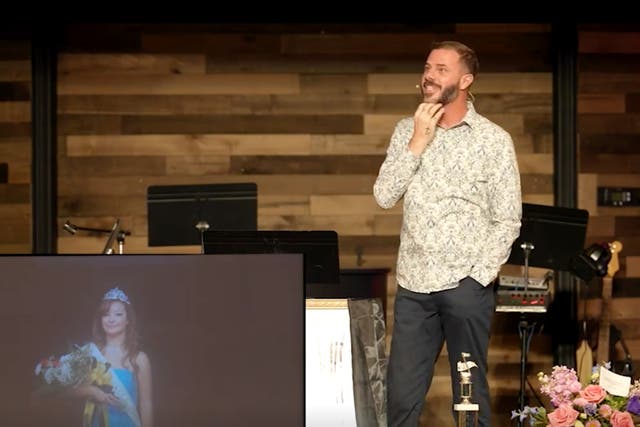 <p>South Carolina pastor John-Paul Miller tells his congregation at Solid Rock Church in Myrtle Beach that he tried to raise his deceased wife Mica Miller ‘from the dead’. Mica appears in a photo to the left of Mr Miller.</p>