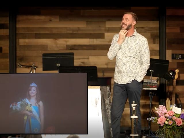 <p>South Carolina pastor John-Paul Miller tells his congregation at Solid Rock Church in Myrtle Beach that he tried to raise his deceased wife Mica Miller ‘from the dead’. Mica appears in a photo to the left of Mr Miller.</p>