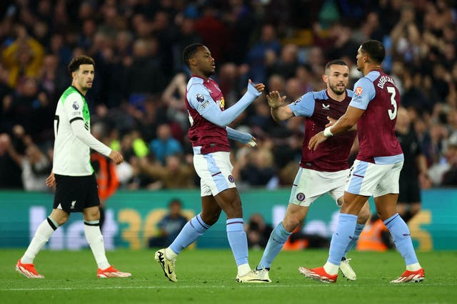 <p>Aston Villa's Jhon Duran (centre) celebrates scoring the side’s second goal </p>