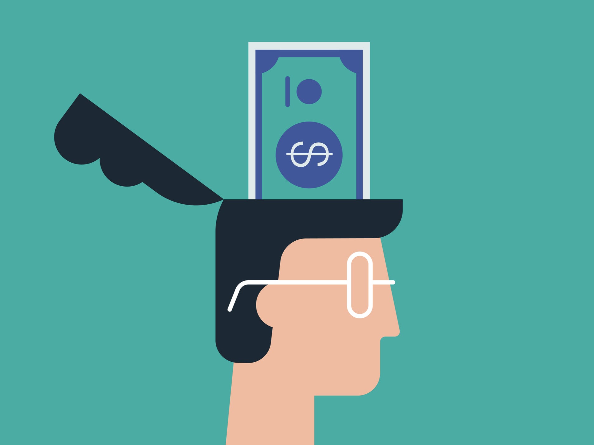 <p>A man with a dollar coming out of his head</p>