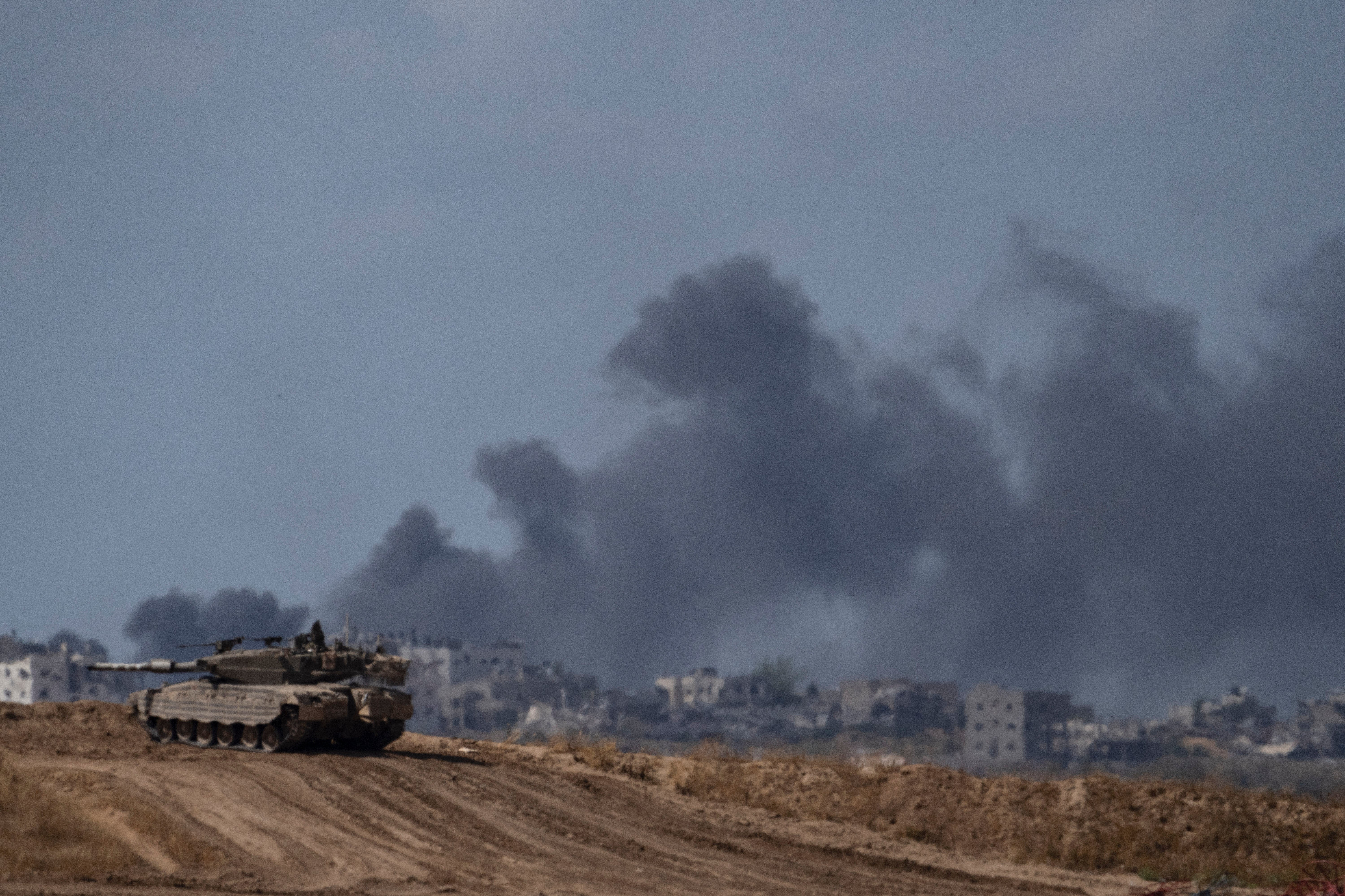 An Israeli tank is pictured near the Israeli-Gaza border
