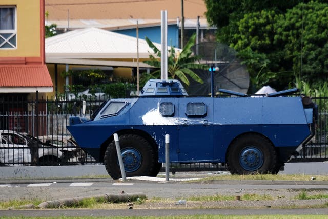 <p>French gendarmerie armored vehicle Berliet VXB-170 (or VBRG) is seen at the entrance of the Vallee-du-Tir district, in Noumea on May 14, 2024, amid protests linked to a debate on a constitutional bill aimed at enlarging the electorate for upcoming elections of the overseas French territory of New Caledonia</p>