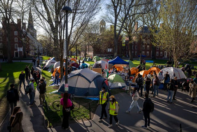 <p>Students protesting against the war in Gaza, and passersby walking through Harvard Yard, are seen at an encampment at Harvard University in Cambridge, Massachusetts on 25 April 2024</p>