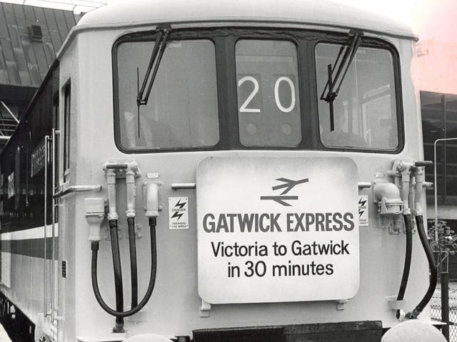 <p>Fast track: The inaugural Gatwick Express leaving London Victoria station on 14 May 1984</p>