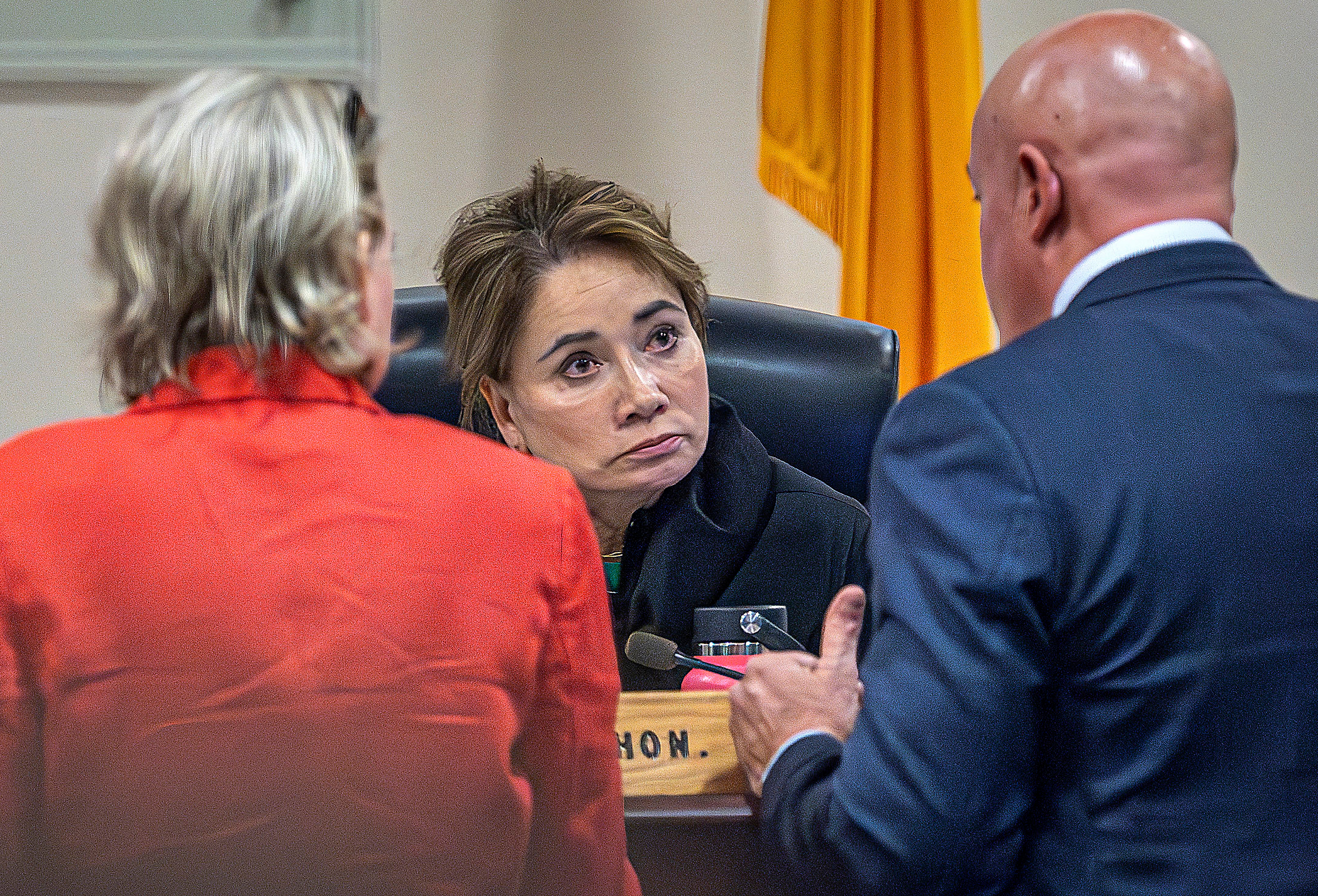 Judge Mary Marlowe Sommer listens to prosecutor Kari Morrissey and defence attorney Jason Bowles discuss testimony by firearms expert Frank Koucky III during the Hannah Gutierrez-Reed involuntary manslaughter trial