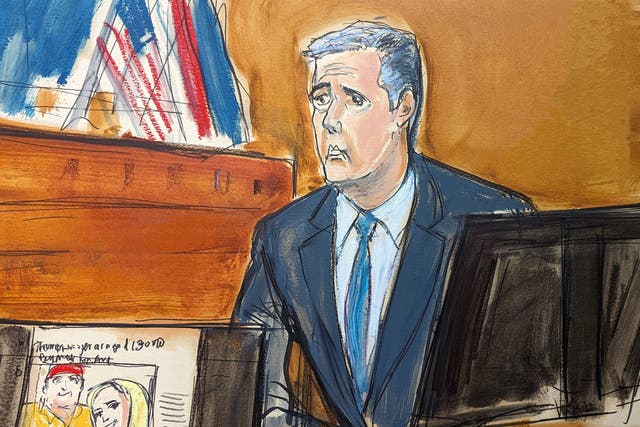<p>Michael Cohen testifies as a Wall Street Journal article is displayed on a screen in Manhattan criminal court on Tuesday, 14 May 2024</p>