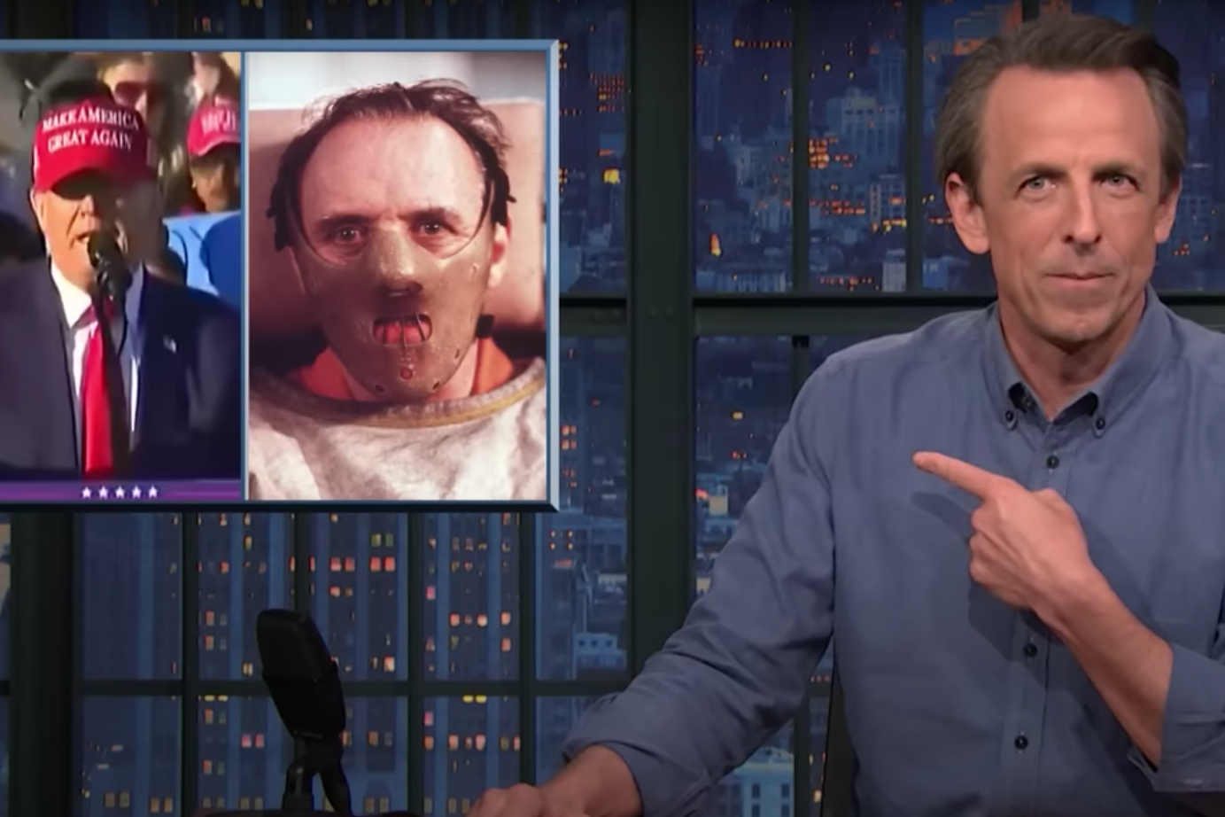 Seth Meyers ridicules Donald Trump over his praise for fictional serial killer Hannibal Lecter on Monday 13 May 2024