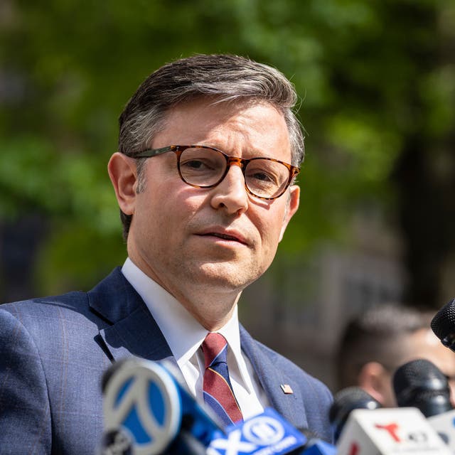 <p>Mike Johnson, Republican speaker of the House of Representatives, appears outside of Manhattan Criminal Court on behalf of Donald Trump on 14 May 2024 </p>