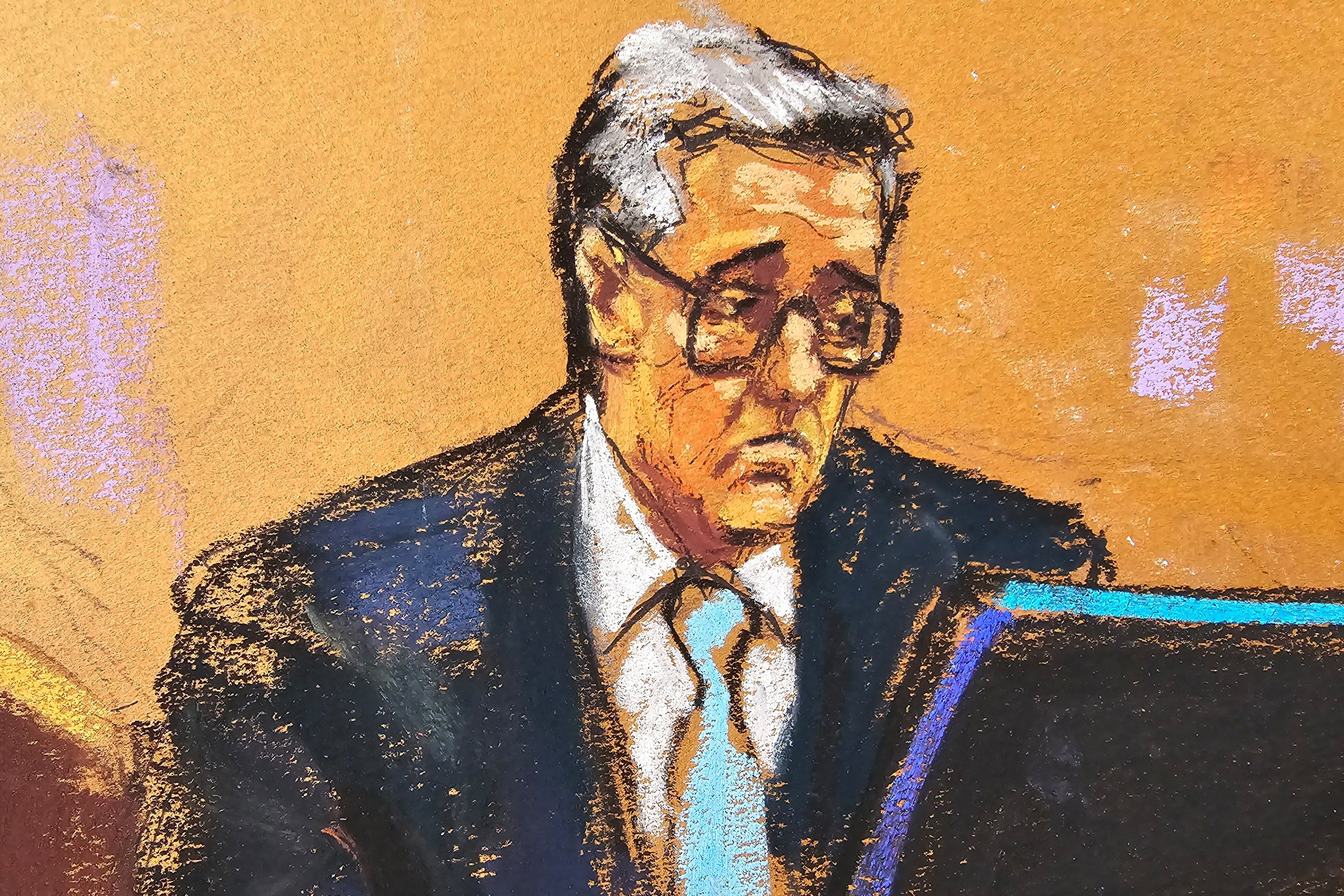 A frowning Michael Cohen is seen on the witness stand