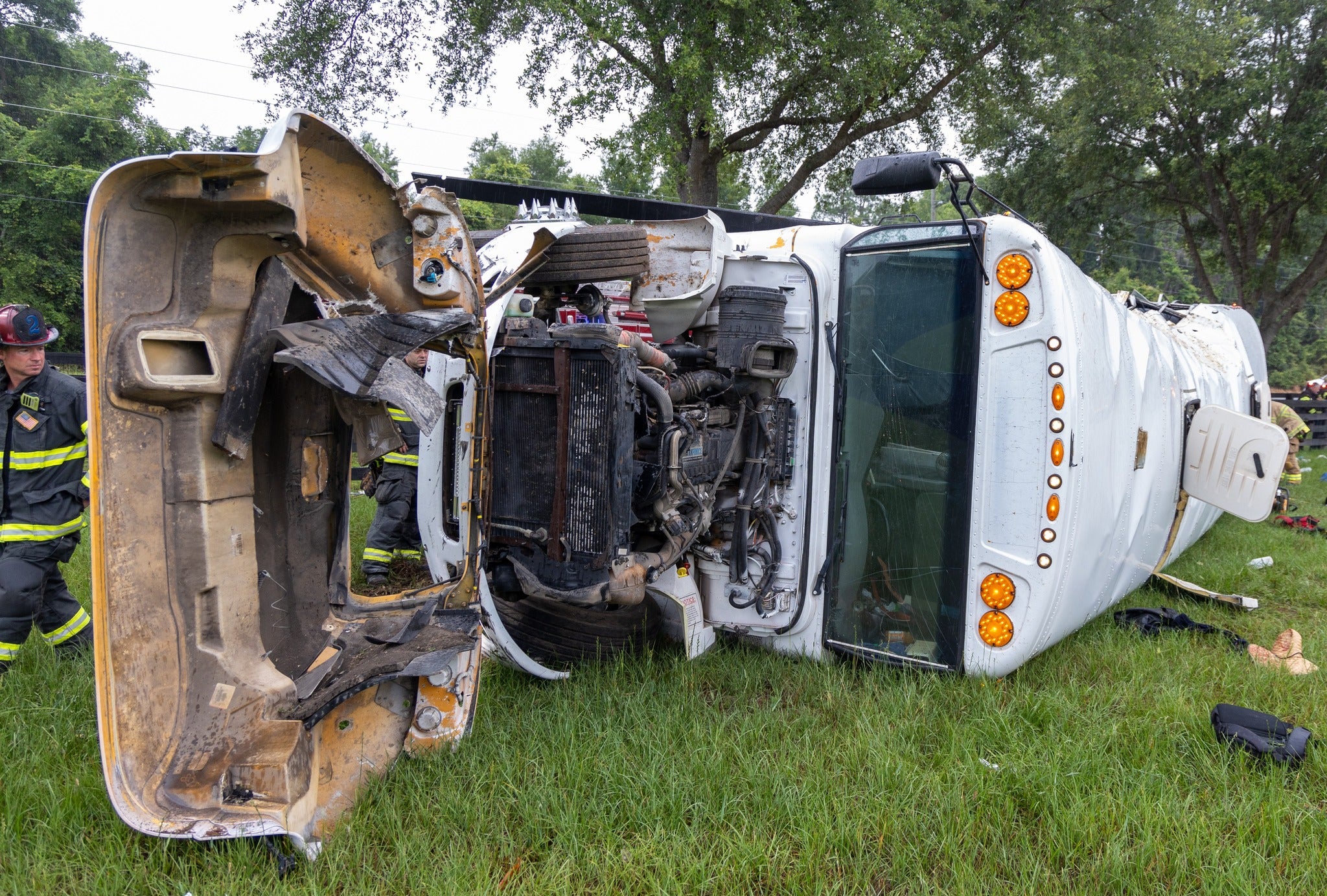 A bus, which had been carrying migrant farm workers, overturned in a field in Marion County, Florida on Tuesday 14 May 2024