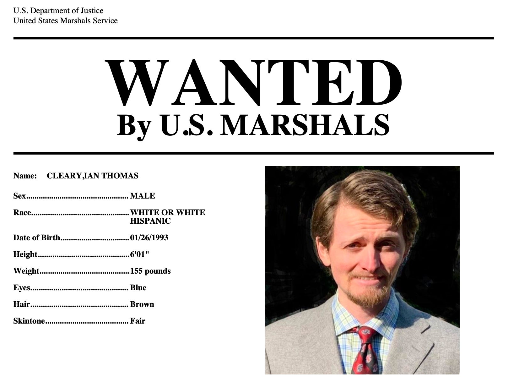 This wanted poster provided by the US Marshals shows Ian Cleary, of Saratoga