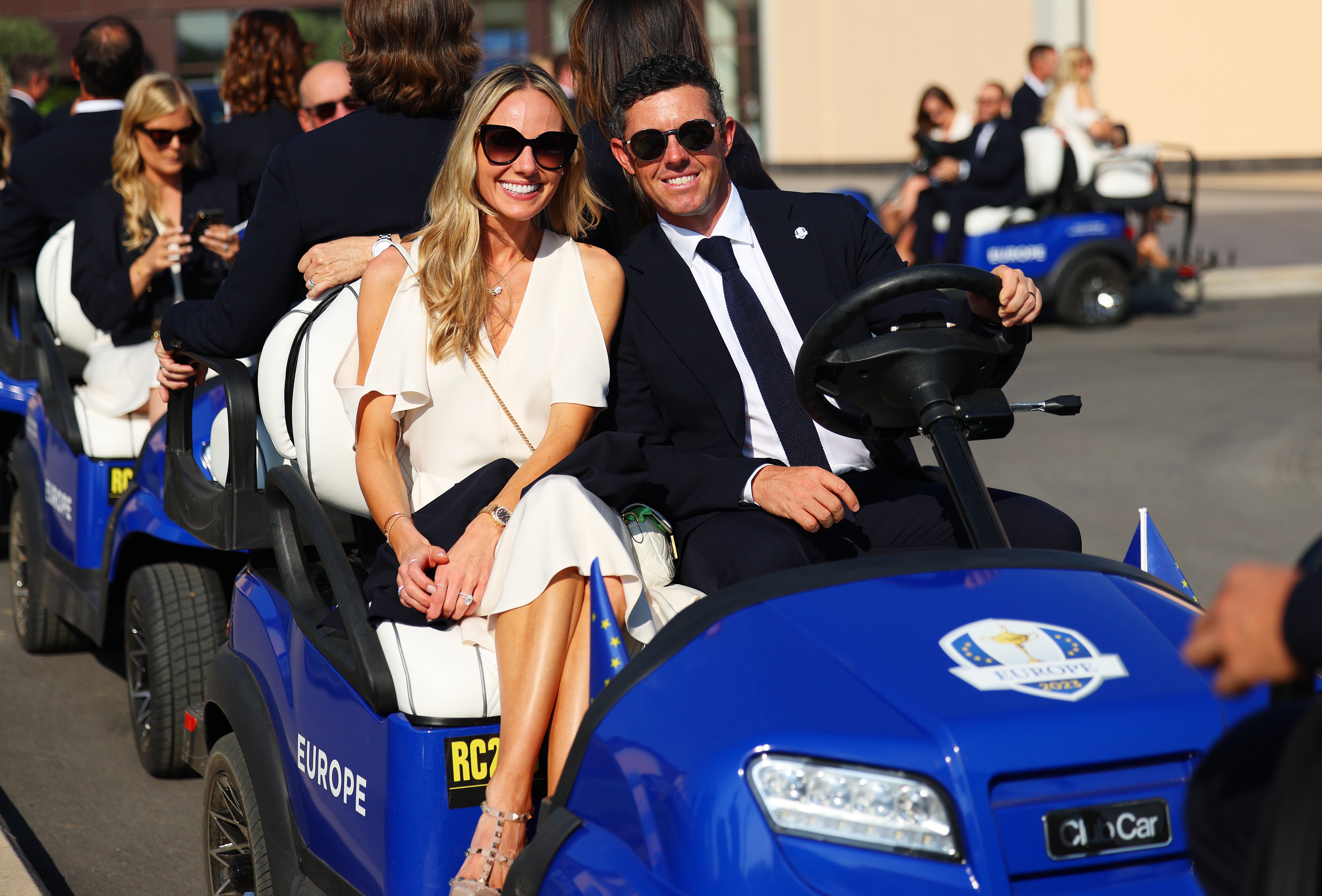 Rory McIlroy and wife Erica Stoll arrive at the opening ceremony for the 2023 Ryder Cup at Marco Simone Golf Club on September 28, 2023 in Rome, Italy