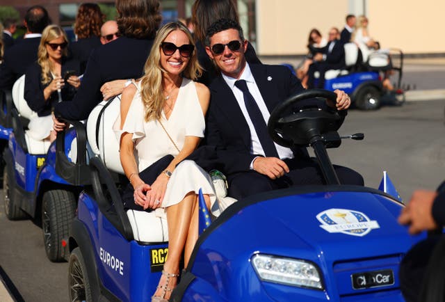 <p>Rory McIlroy and wife Erica Stoll arrive at the opening ceremony for the 2023 Ryder Cup at Marco Simone Golf Club on September 28, 2023 in Rome, Italy</p>
