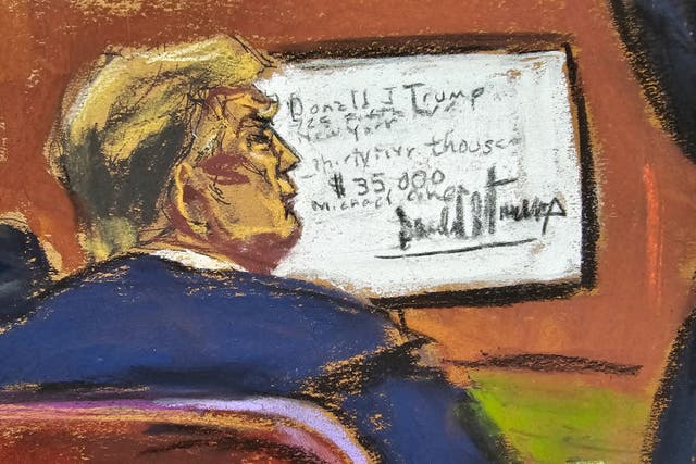 <p>A courtroom sketch depicts Donald Trump inside a criminal courtroom in Manhattan on 14 May. </p>