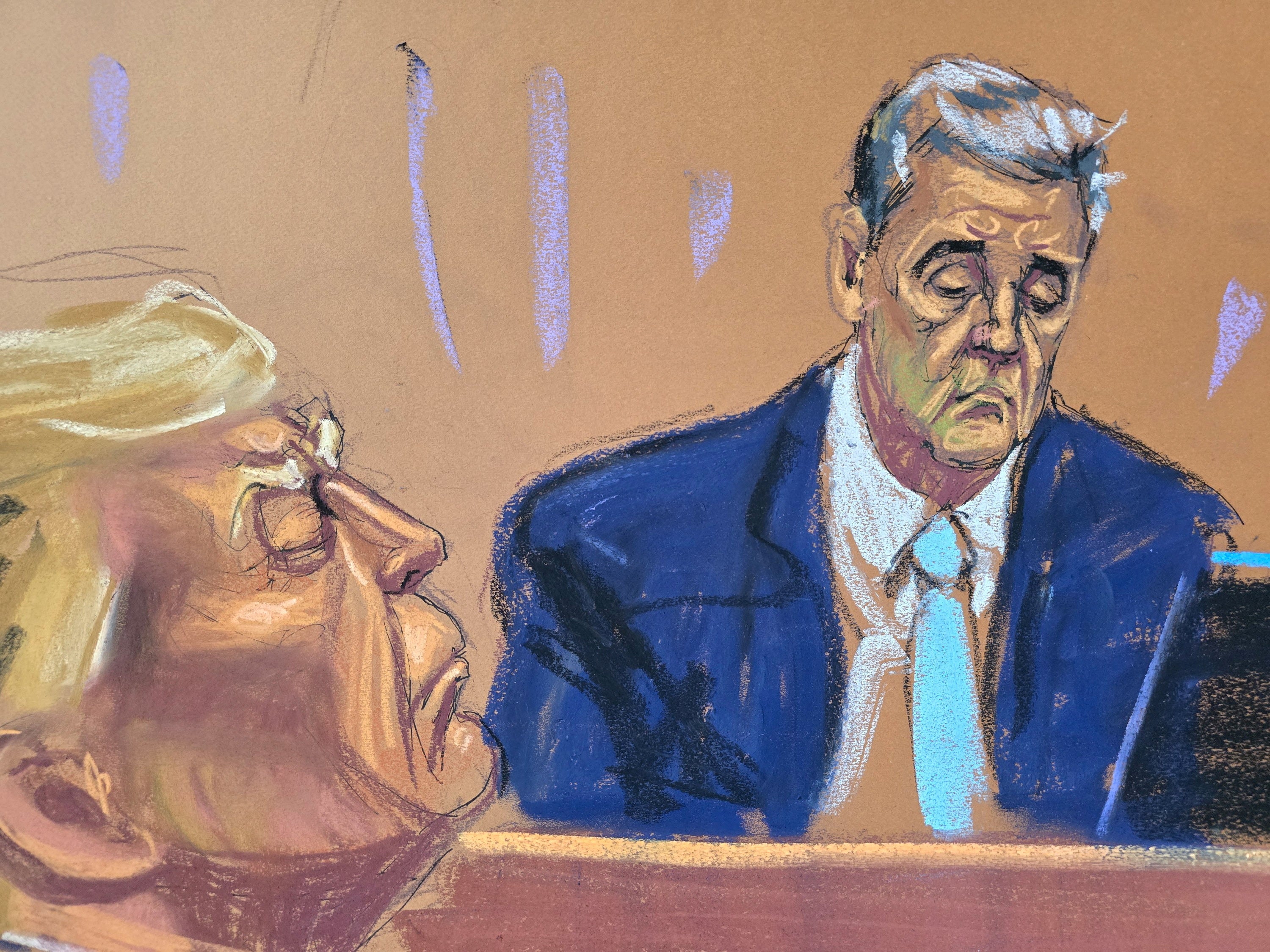 A courtroom sketch depicts Michael Cohen testifying in front of Donald Trump durinh his hush money trial on 14 May.