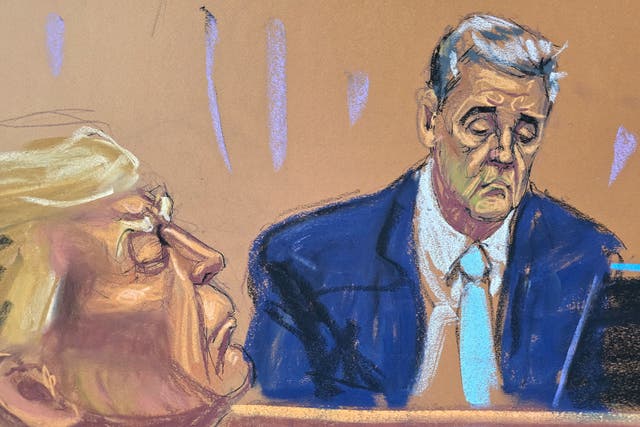<p>A courtroom sketch depicts Michael Cohen testifying in front of Donald Trump durinh his hush money trial on 14 May. </p>