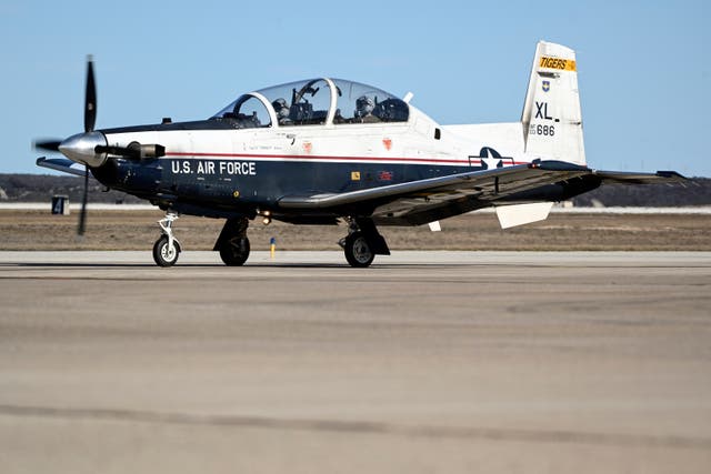 <p>An Air Force T-6A Texan II taxiing down the flight line at Laughlin Air Force Base, Texas, on Jan. 26, 2024</p>