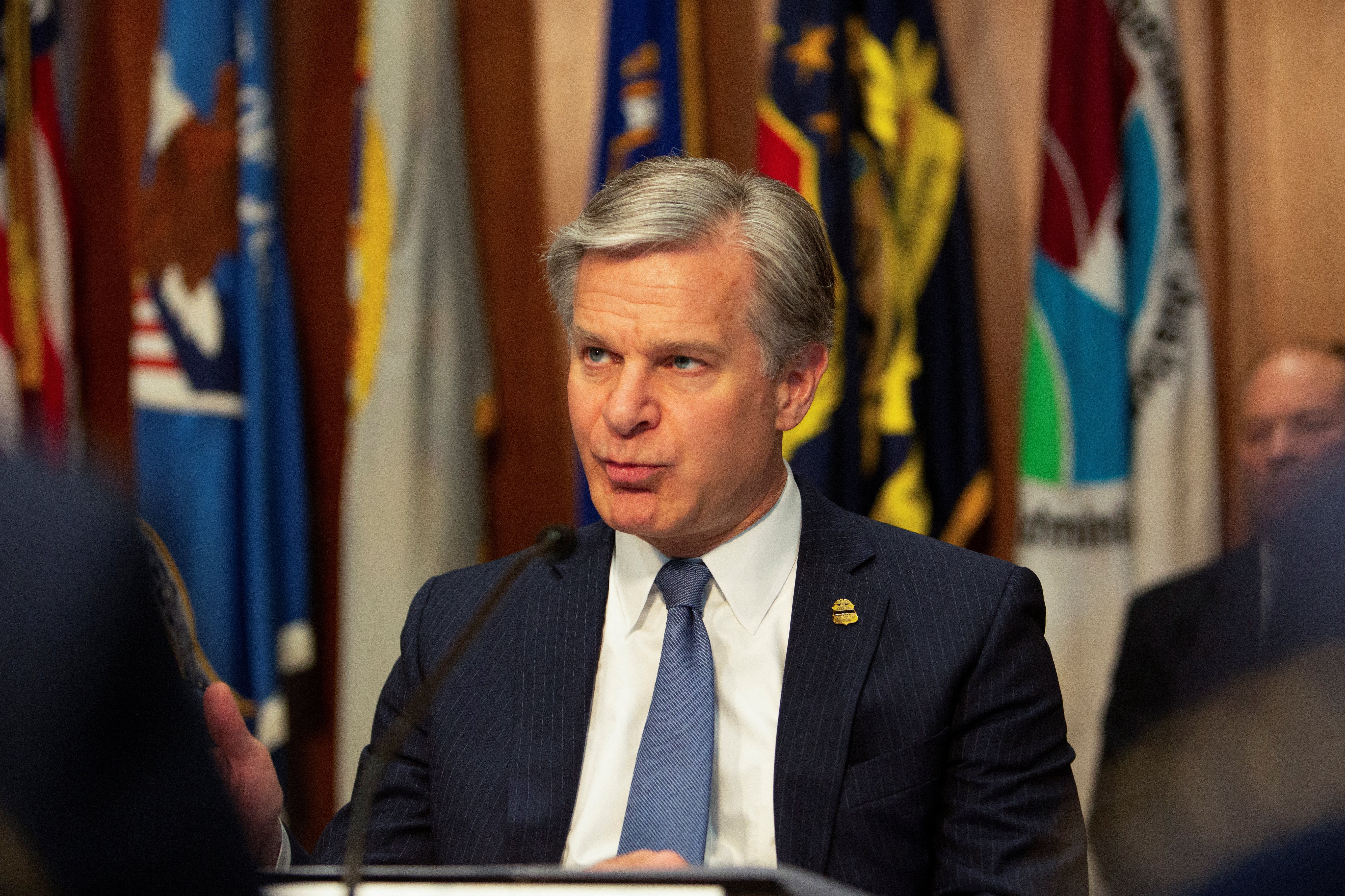 FBI Director Christopher Wray delivers remarks during a meeting of the Election Threats Task Force at the Justice Department in Washington, U.S., May 13, 2024