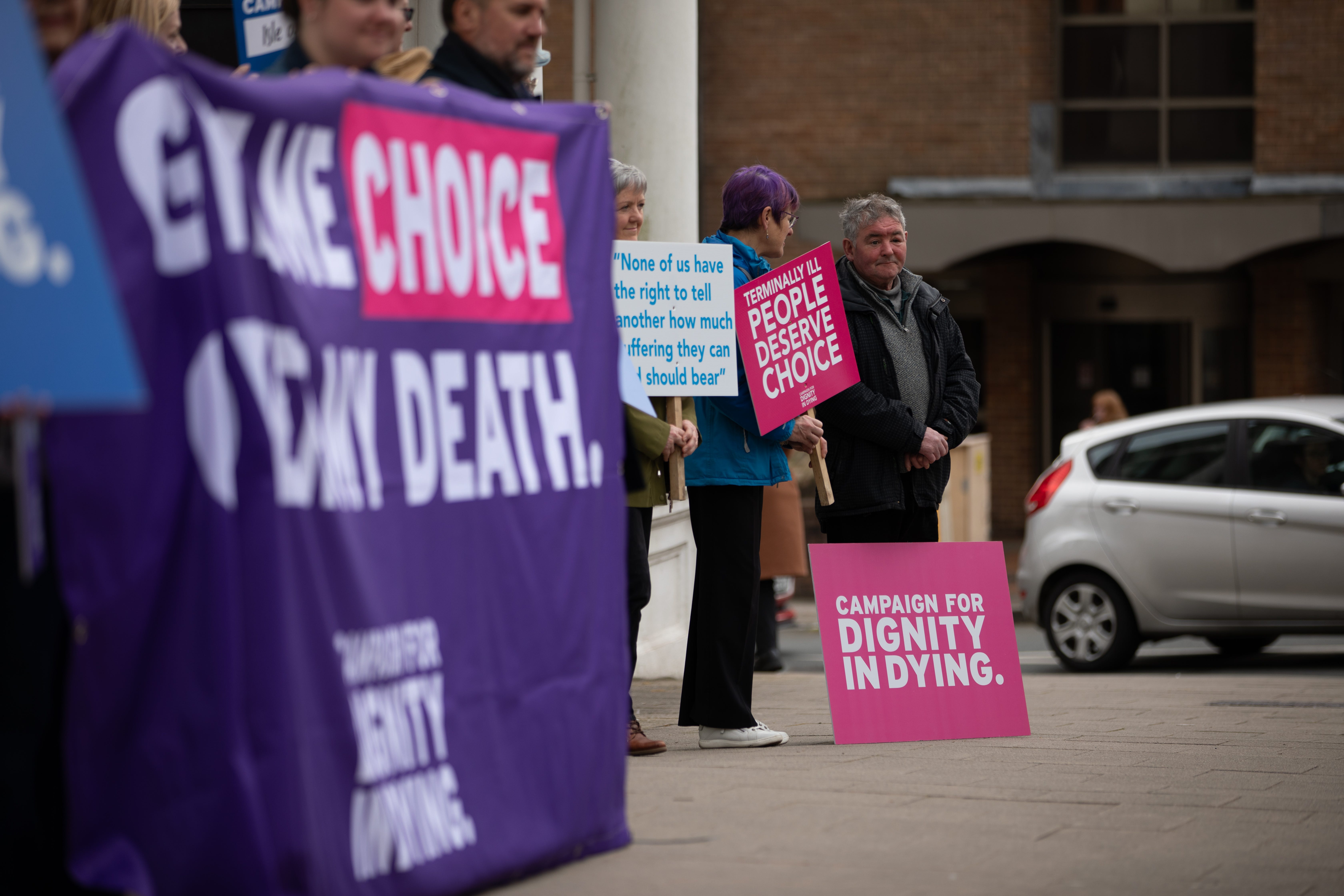 Campaigners outside the Isle of Man’s parliament (Lee Notman/PA)