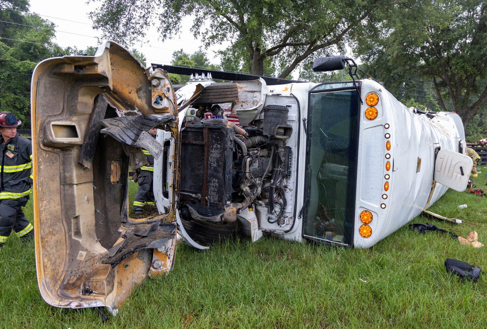The bus carrying 53 farmworkers that crashed and overturned