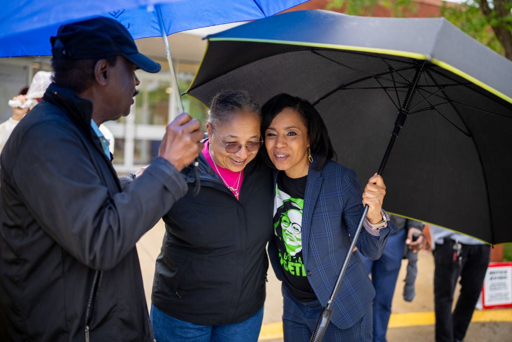 Angela Alsobrooks meets with voters on primary day in Burtonsville, Maryland
