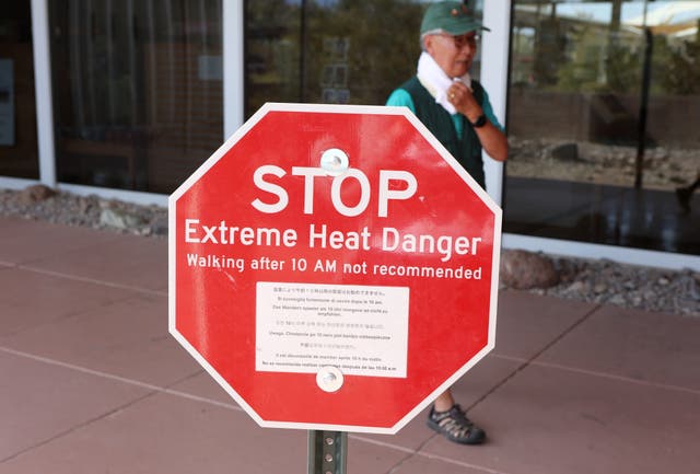 <p>A heat advisory sign is shown at Furnace Creek Visitor Center during a heatwave in Death Valley National Park</p>