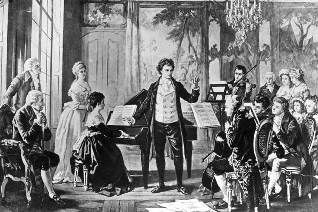 <p>El compositor alemán Ludwig van Beethoven (1770-1827) dirigiendo uno de sus tres cuartetos de cuerda Razumovsky, cerca del año 1810</p>