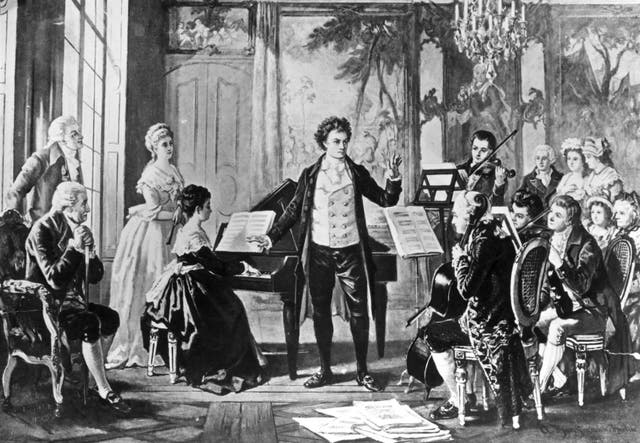 <p>German composer Ludwig van Beethoven (1770 - 1827) conducting one of his three ‘Rasumowsky’ string quartets, circa 1810</p>