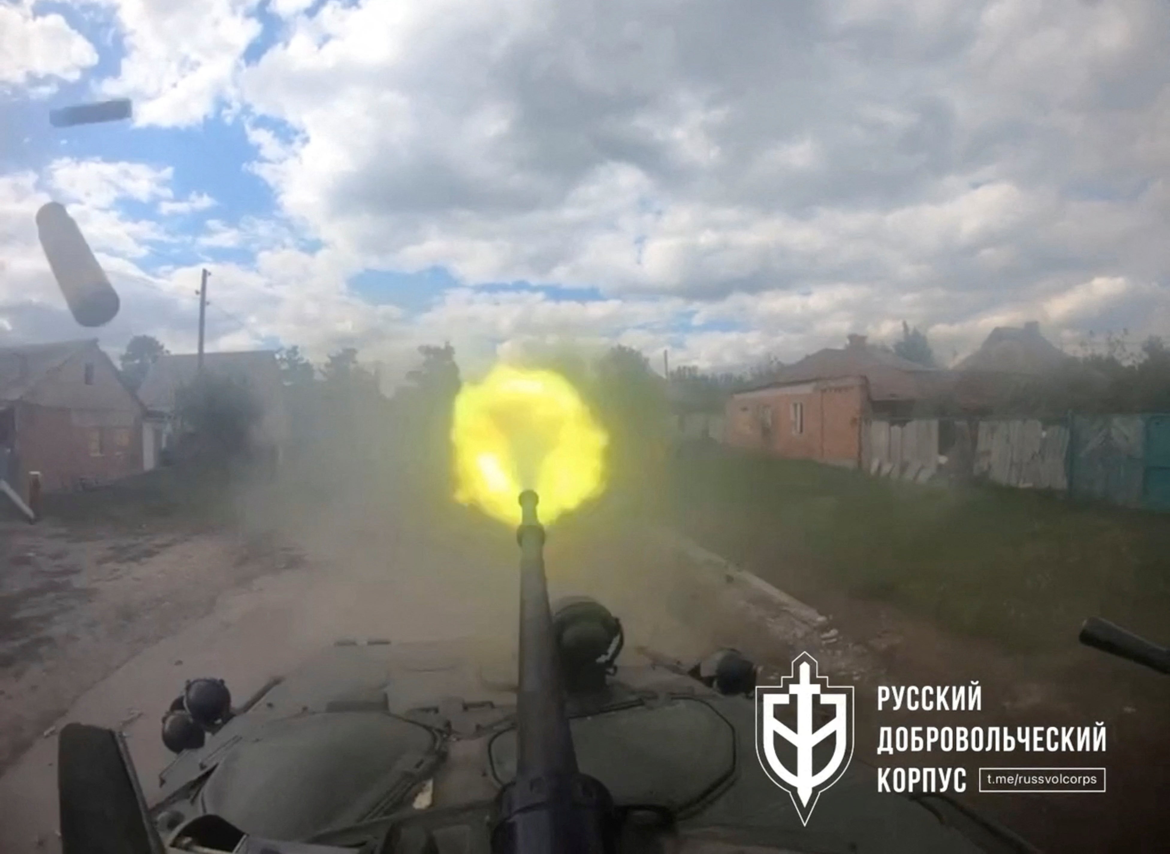 A weapon on an armoured vehicle with the Russian forces is fired in Vovchansk, Kharkiv Oblast