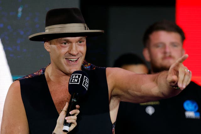 <p>Tyson Fury mocked Oleksandr Usyk amid their ‘grand arrivals’ in Riyadh </p>