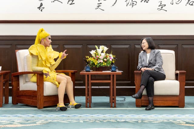 <p>Taiwan’s president Tsai Ing-wen meets drag queen Nymphia Wind at the presidential office in Taipei</p>