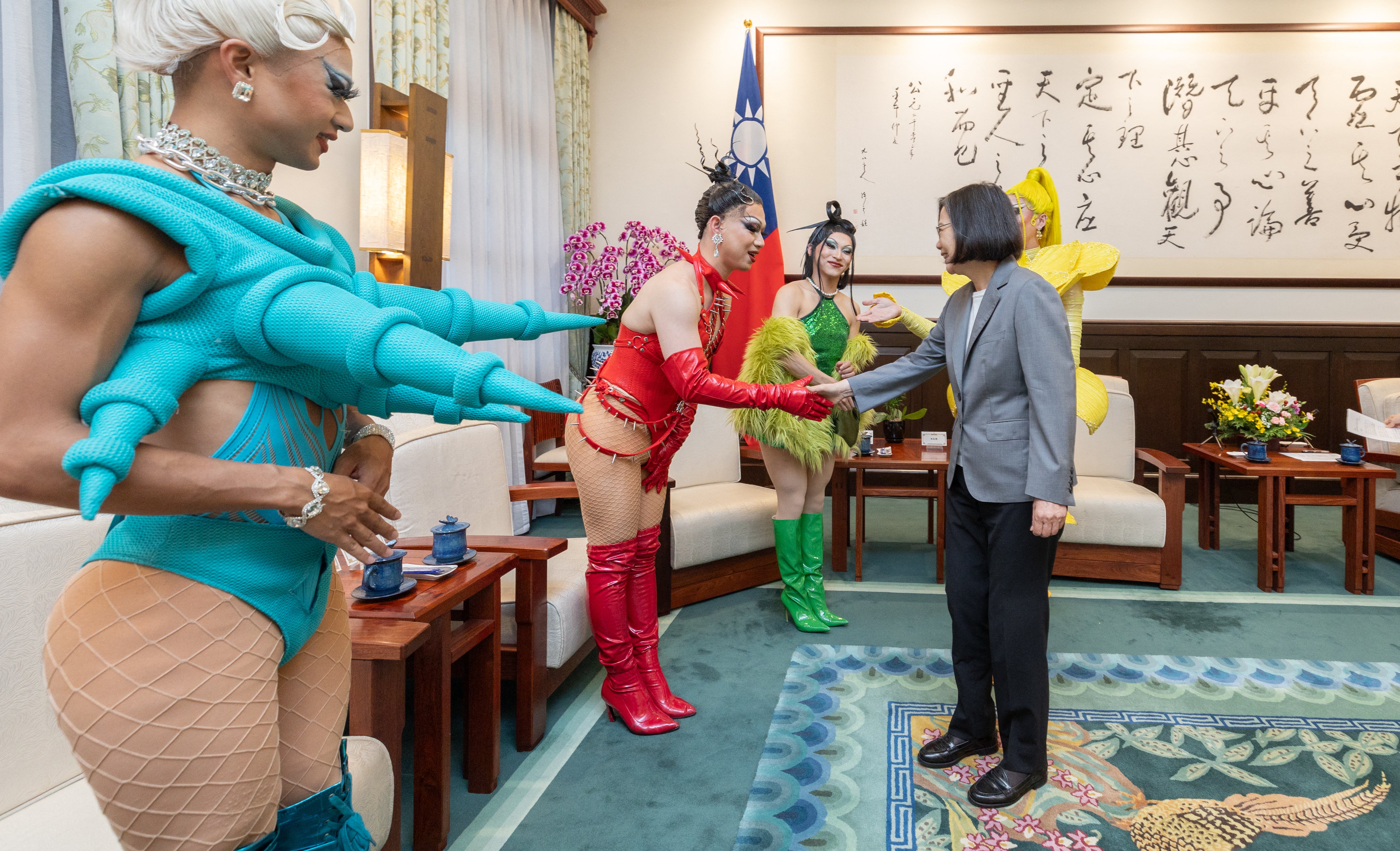 Taiwan’s president Tsai Ing-wen meets drag queen Nymphia Wind and her team