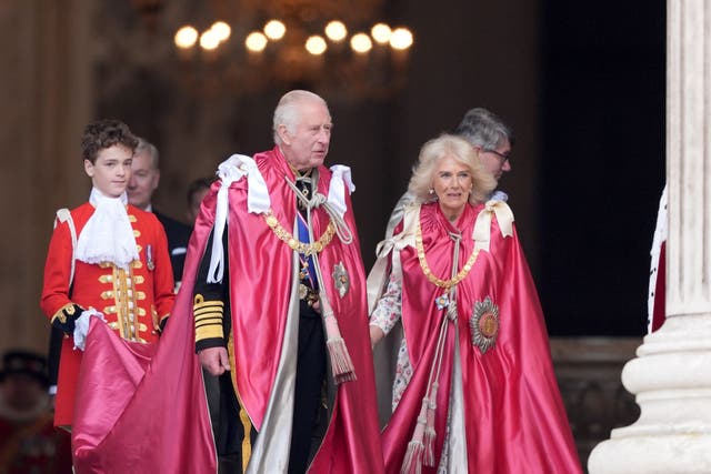 The King and Queen leave after attending a service for the Order of the British Empire at St Paul’s Cathedral, London (Jordan Pettitt/PA)