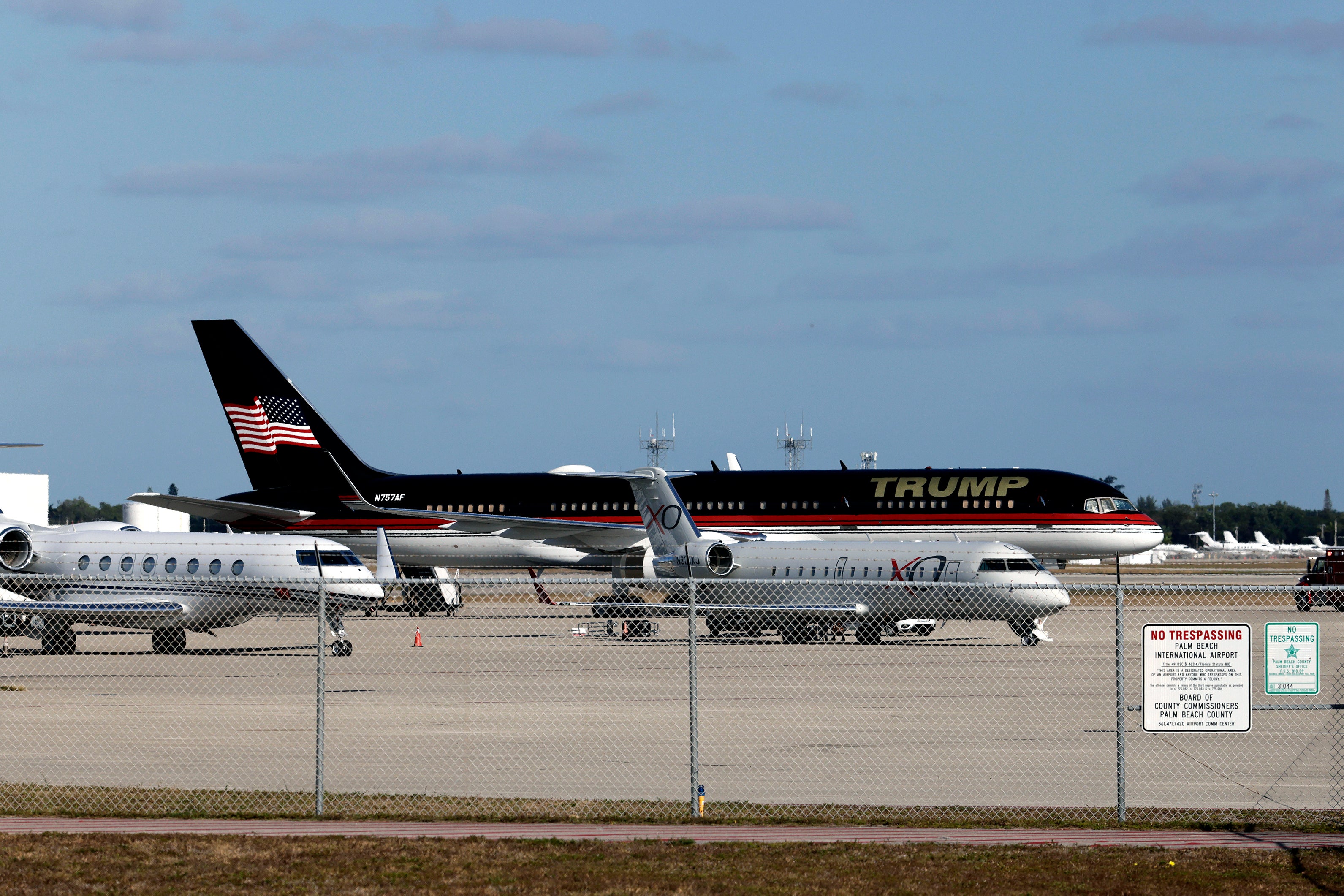 Donald Trump’s Boeing 757, pictured at Palm Beach International Airport, clipped another unoccupied corporate plane while taxiing on Sunday