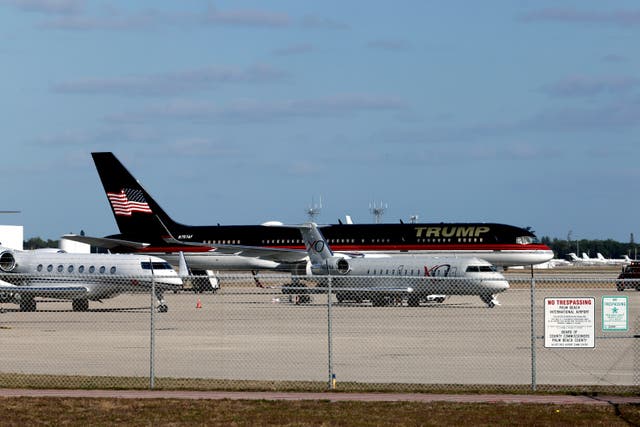 <p>Donald Trump’s Boeing 757, pictured at Palm Beach International Airport, clipped another unoccupied corporate plane while taxiing on Sunday</p>
