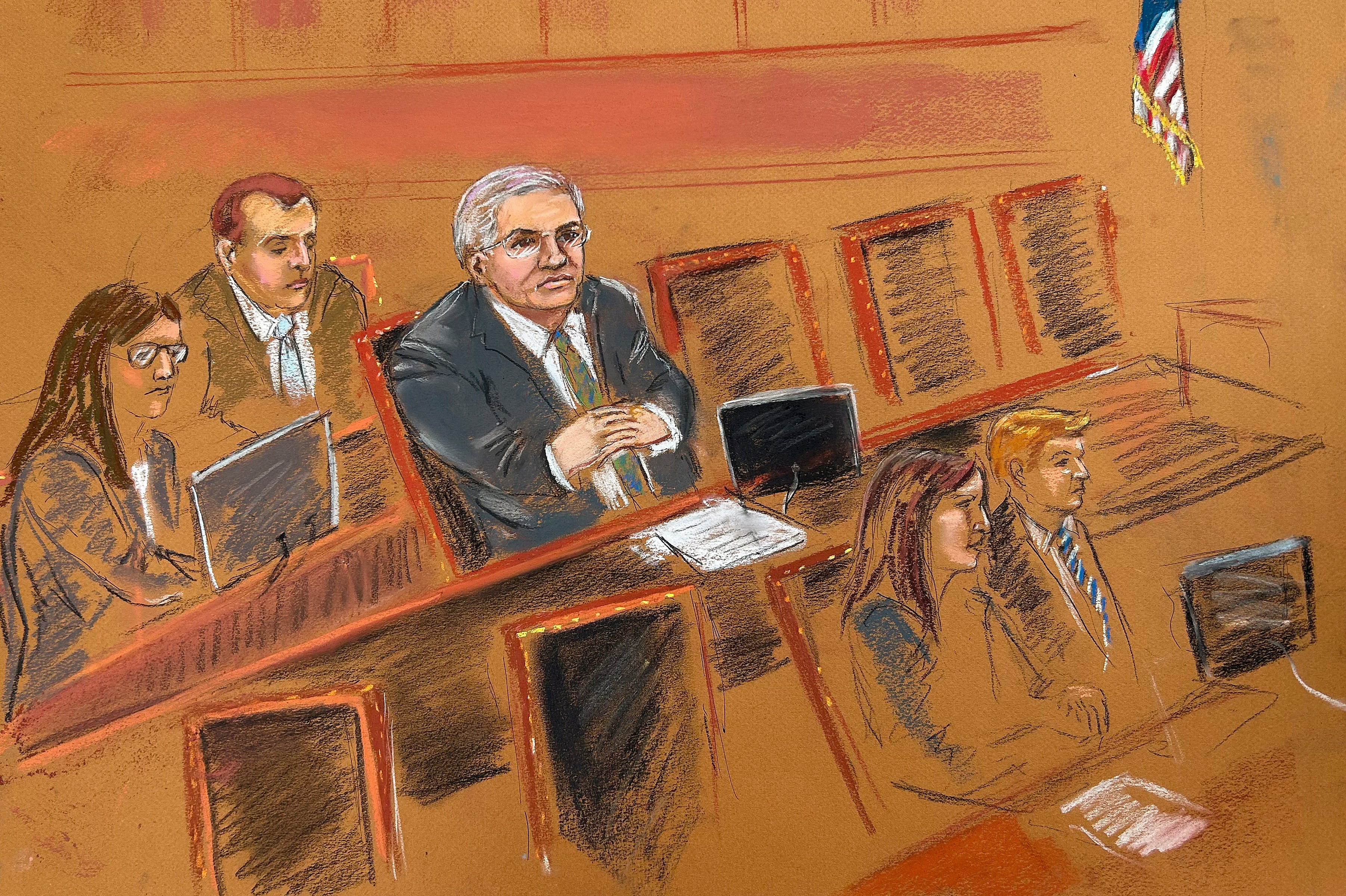 Senator Bob Menendez seen in court sketch sitting with his defense team during jury selection on Tuesday May 14 2024 at Manhattan federal court in New York