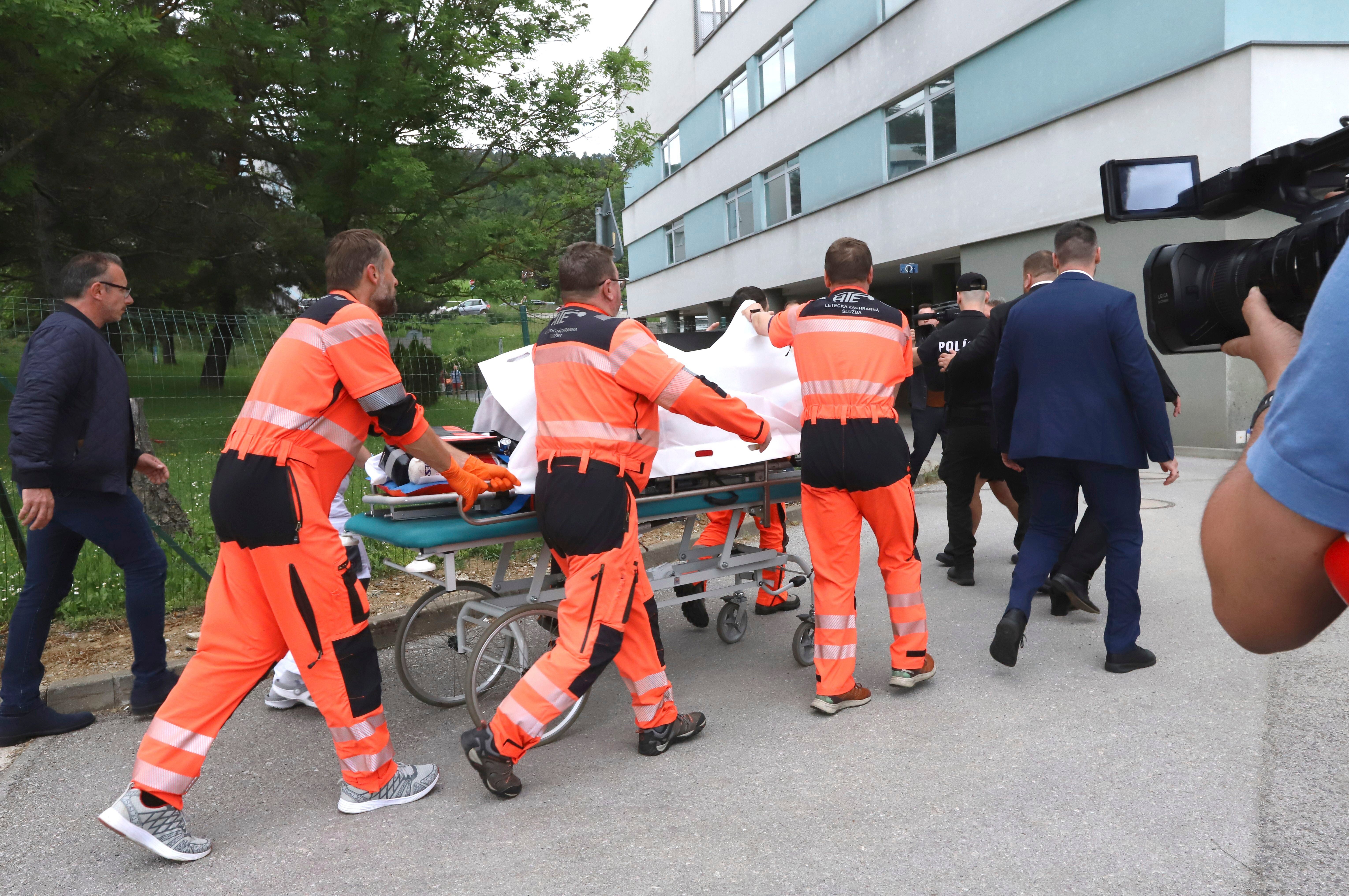 Fico is wheeled into hospital in Banska Bystrica after being wounded in a shooting in Handlova