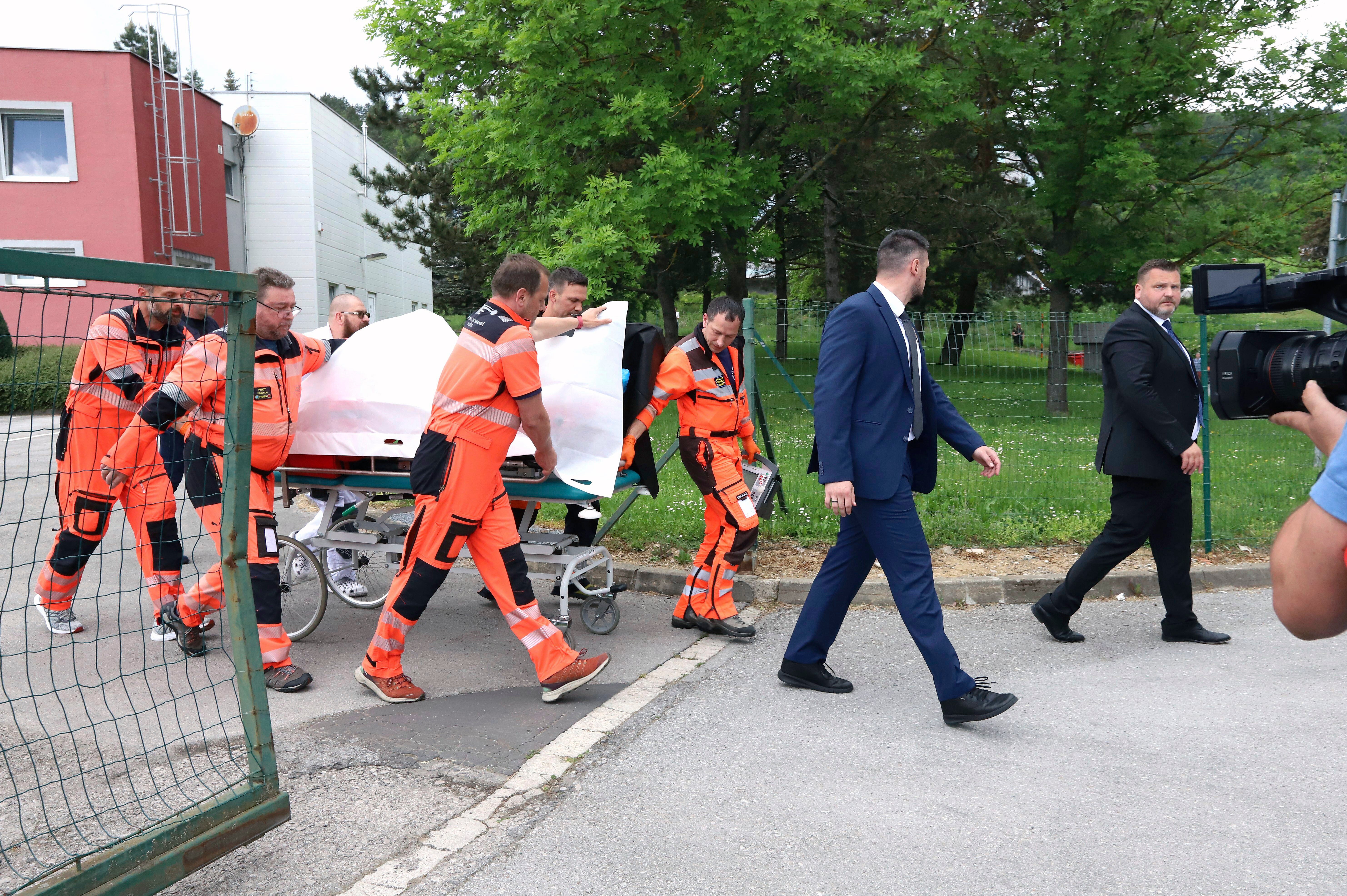 Slovak prime minister Robert Fico is wheeled into hospital in Banska Bystrica after being wounded in a shooting in Handlova