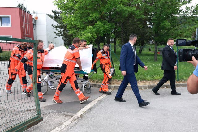 <p>Slovak prime minister Robert Fico is wheeled into hospital in Banska Bystrica after being wounded in a shooting in Handlova</p>