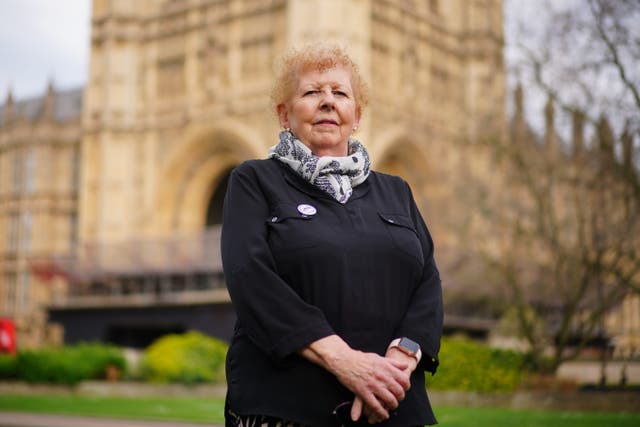 Chairwoman of Women Against State Pension Inequality (Waspi), Angela Madden outside Parliament in March (Victoria Jones/PA)
