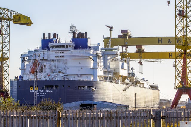 Tanker Eduard Toll docked at Harland & Wolff’s shipyard at Belfast Port in Northern Ireland (Liam McBurney/PA)
