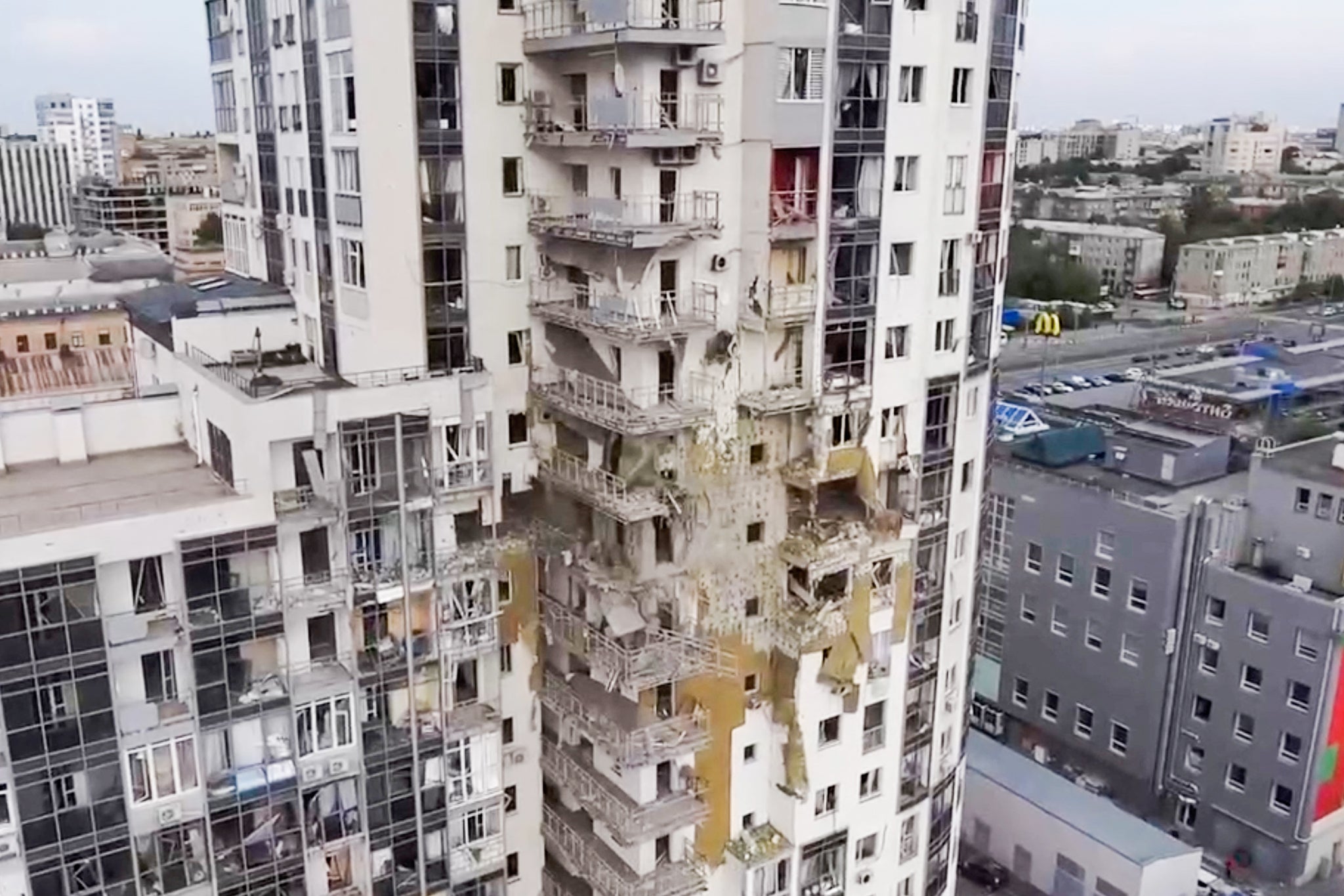 A view of a damaged residential building in the aftermath of the Russian strike in Kharkiv