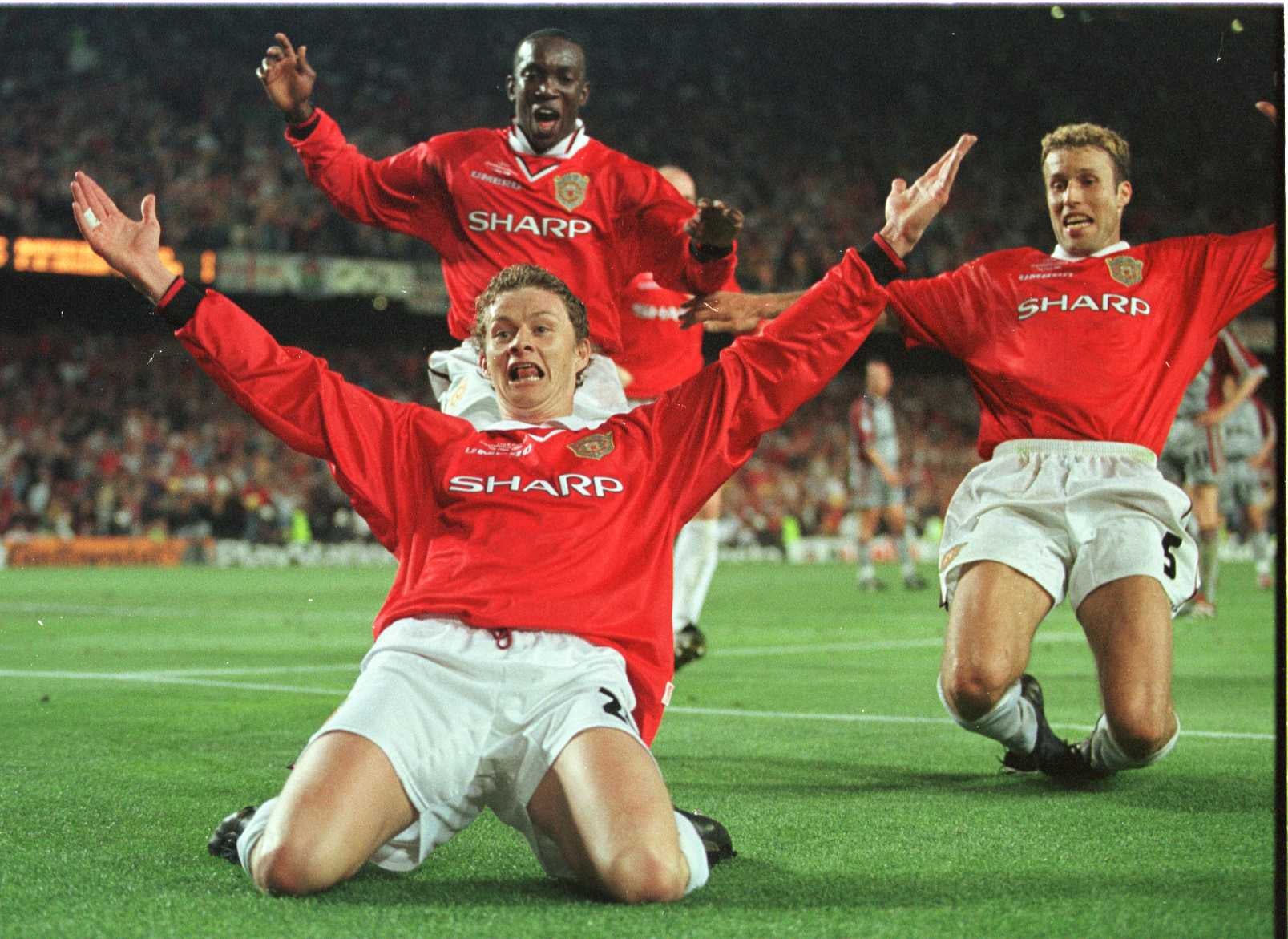 Ole Gunnar Solskjaer celebrates scoring the winning goal that secured Manchester United a treble.